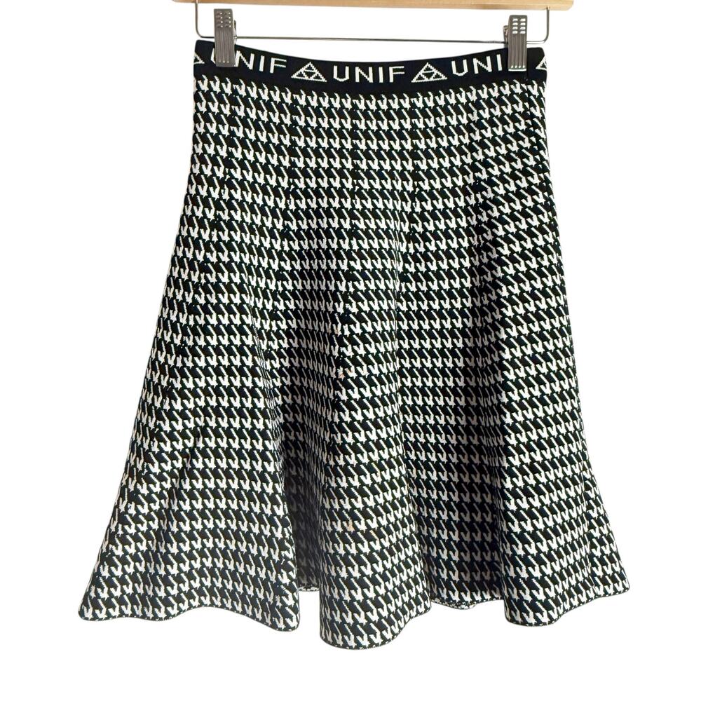 UNIF Black White Houndstooth Knit Logo Waist Fit & Flare Mini Skirt Size Medium
